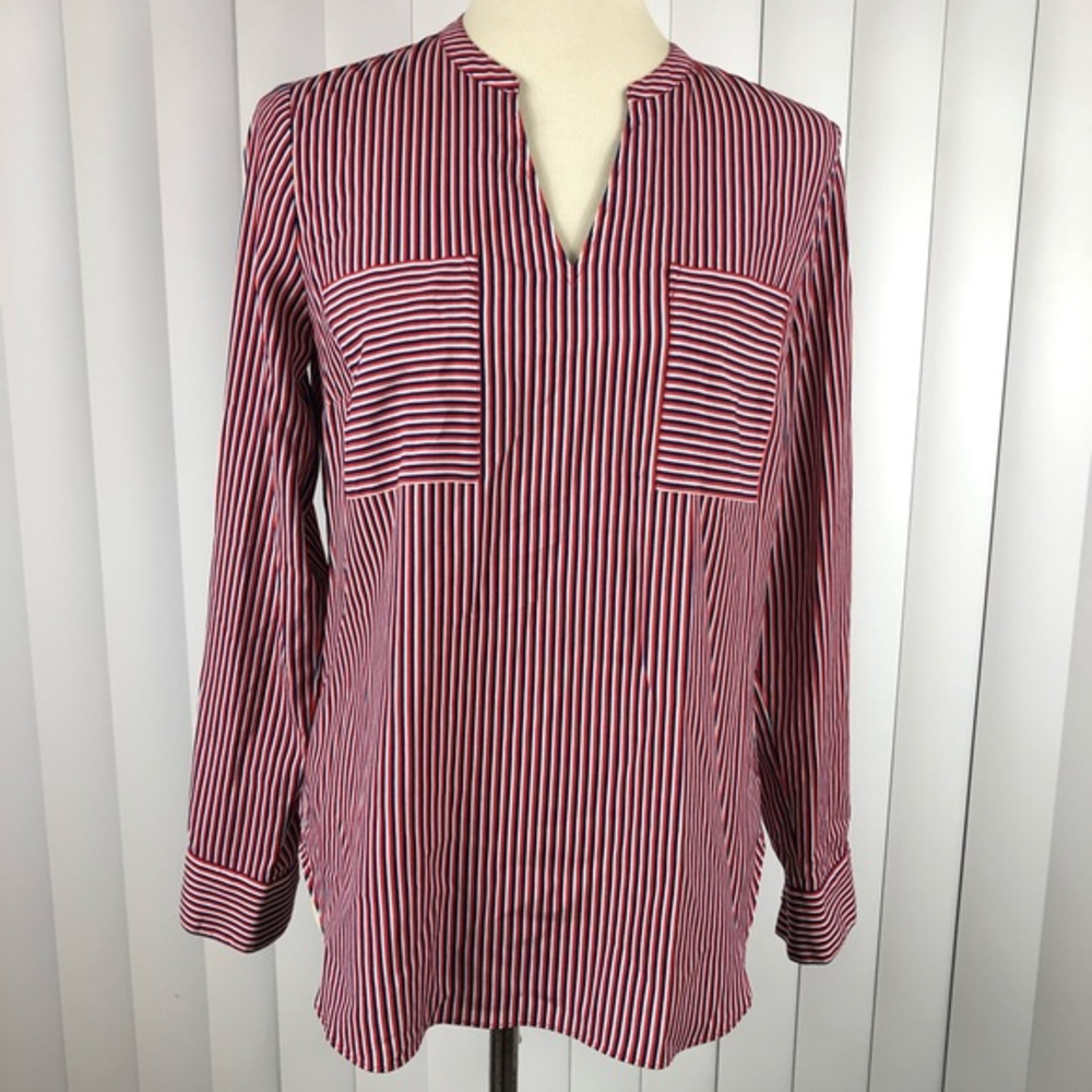 Cabi Franklin Stripped Popover V‎ Neck Red/White Long Sleeve Tunic Sz S